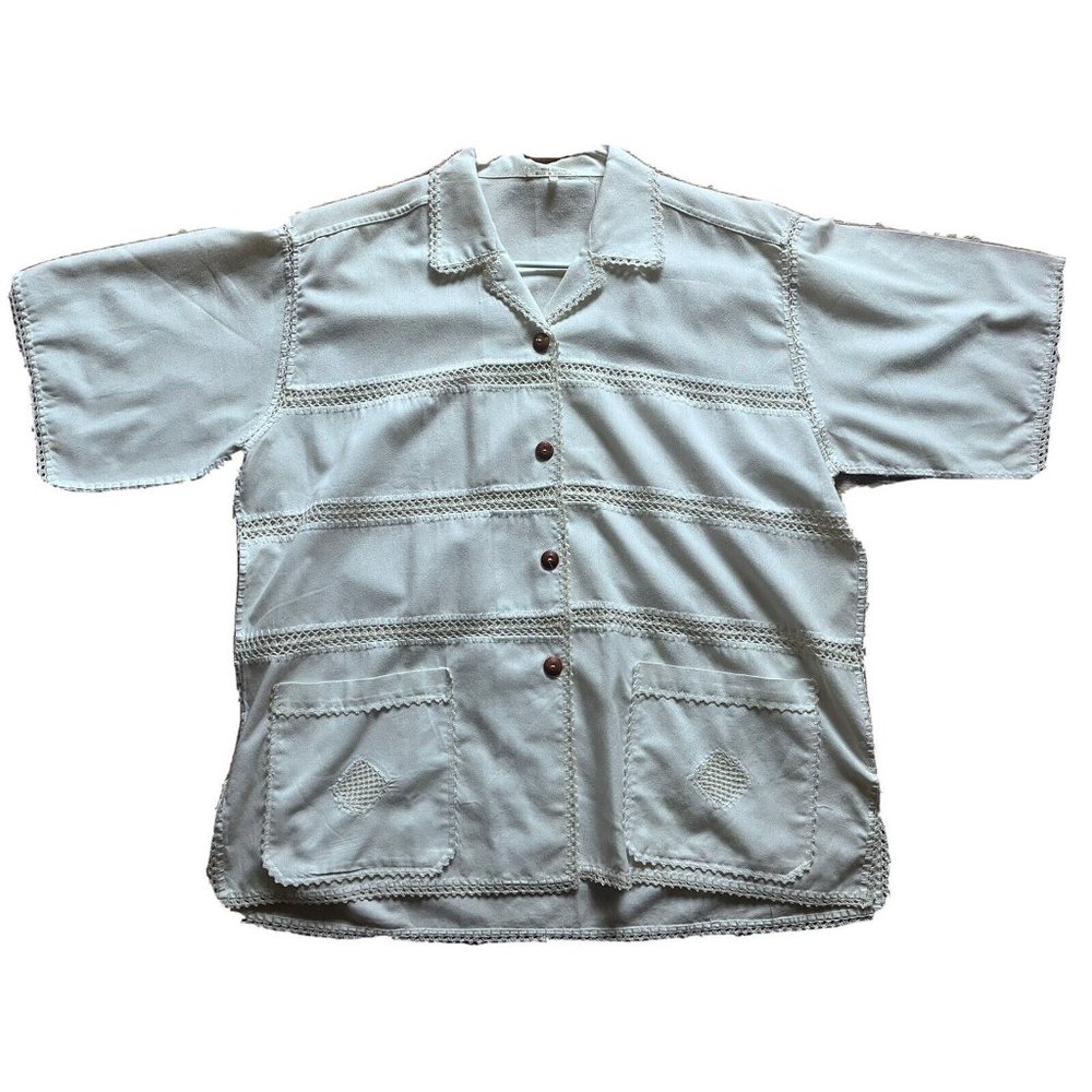 Rare Vintage Panelled Crochet Stitch Mid Sleeve Shirt Made in Thailand Size 48